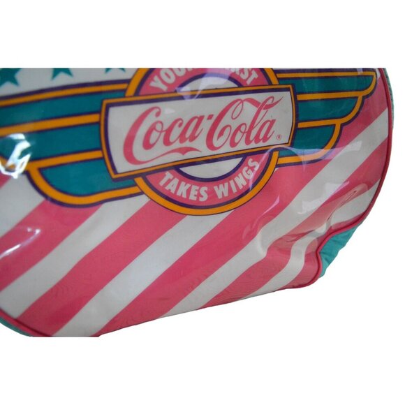 Vintage Coca-Cola Duffle Bag Teal & Pink Striped with Logo Nylon - Picture 2 of 12